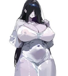  black_hair breasts cleavage commentary covered_nipples dress english_commentary female ghost ghost_girl hair_over_eyes highres hintobento large_breasts long_hair mixed-language_commentary simple_background solo the_ring white_background white_dress yamamura_sadako 