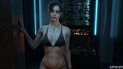  1girls 2024 3d abs bikini bikini_bottom bikini_only bikini_top biohazard blue_eyes bracelet brown_hair claire_redfield claire_redfield_(jordan_mcewen) covered_breasts cropped_legs eyeliner female female_abs female_only fit fit_female freckles_on_face hand_on_wall indoors long_hair looking_at_viewer managasm medium_breasts necklace ponytail red_lipstick resident_evil resident_evil_2 resident_evil_2_remake smiling solo swimwear swimwear_only tied_hair upper_body 