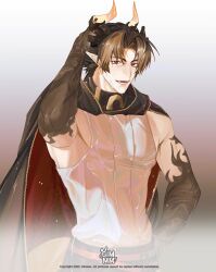  1boy absurdres arknights brown_hair chong_yue_(arknights) dragon_boy dragon_horns gi_um gradient_background hand_on_own_head hand_on_own_hip highres horns long_hair looking_at_viewer male_focus pointy_ears red_eyes sleeveless solo sweat upper_body 