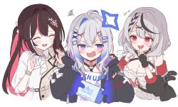  3girls absurdres ahoge amane_kanata amane_kanata_(punk_rock) anger_vein aoha azki_(4th_costume)_(hololive) azki_(hololive) black_gloves black_hair black_jacket blue_hair blush braid breasts brown_hair camisole choker cleavage closed_eyes collar colored_inner_hair commentary dress fingerless_gloves gloves grey_hair hair_ornament hairclip halo handheld_game_console hands_up highres holding holding_handheld_game_console hololive hood jacket large_breasts laughing long_hair long_sleeves medium_hair multicolored_hair multiple_girls nintendo_switch oerba_yun_fang official_alternate_costume official_alternate_hair_length official_alternate_hairstyle open_mouth pink_hair purple_eyes red_eyes sakamata_chloe sakamata_chloe_(1st_costume) shirt simple_background single_hair_intake smile star_halo streaked_hair upper_body virtual_youtuber white_background white_camisole white_dress white_hair white_shirt x_hair_ornament 