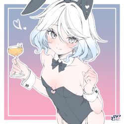  animal_ears bare_shoulders black_leotard blue_hair blush breasts cleavage closed_mouth collarbone cowboy_shot cup detached_collar dodosako fake_animal_ears female furina_(genshin_impact) genshin_impact hair_between_eyes heart highres holding holding_cup leotard light_blue_hair looking_at_viewer multicolored_hair playboy_bunny rabbit_ears short_hair sidelocks small_breasts smile solo streaked_hair two-tone_hair 