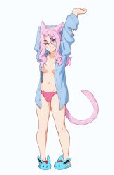  ;) animal_ears arm_behind_head arms_up bare_legs blue_eyes blue_shirt borrowed_character breasts cat_ears cat_girl cat_tail collarbone commentary english_commentary female full_body groin highres illeana_(miniordebry) long_hair long_sleeves looking_at_viewer medium_breasts no_bra no_pants one_eye_closed open_clothes open_shirt original panties pigeon-toed pink_hair red_panties rob_ishi second-party_source shirt simple_background slippers smile solo standing stomach tail unbuttoned unbuttoned_shirt underwear white_background 