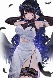  absurdres alternate_costume alternate_hair_length alternate_hairstyle asymmetrical_horns black_hair black_wings blue_hair breasts colored_inner_hair commentary demon_girl demon_horns dress elbow_gloves english_commentary feathered_wings female gloves highres hololive horns keisea lace_trim large_breasts long_hair looking_at_viewer low_wings mole mole_under_eye multicolored_hair nerissa_ravencroft red_eyes side_slit sleeveless sleeveless_dress two-tone_hair uneven_horns very_long_hair virtual_youtuber white_wings wings 