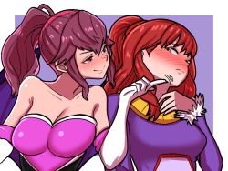  2girls anna_(fire_emblem) bare_shoulders blaze_the_cat blaze_the_cat_(cosplay) blush breasts celica_(fire_emblem) cleavage collarbone cosplay dress elbow_gloves erica_lindbeck fire_emblem fire_emblem_echoes:_shadows_of_valentia fur-trimmed_sleeves fur_trim gloves karen_strassman large_breasts long_hair long_sleeves medium_breasts mnejing30 multiple_girls nose_blush ponytail purple_dress purple_hair red_hair rouge_the_bat rouge_the_bat_(cosplay) sidelocks sonic_(series) strapless voice_actor_connection white_gloves 