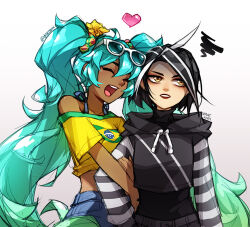  2girls :d arm_hug black_hair brazilian_flag_print brazilian_miku brown_eyes crop_top cropped_hoodie dark-skinned_female dark_skin eyewear_on_head green_hair grey_background hatsune_miku heart hood hoodie multiple_girls original red_lips shirt short_hair shorts simple_background smile squiggle sunglasses teeth twintails upper_body vmat vocaloid white_hair x-chan_(vmat) yellow_shirt yuri 