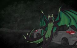  absurd_res anthro black_body blue_eyes dragon emerald_(dergthedragon) european_mythology eyewear ford_focus glasses green_body hi_res horn leaning_on_object male multicolored_body mythological_creature mythological_scalie mythology scalie solo unknown_artist western_dragon winged_dragon 