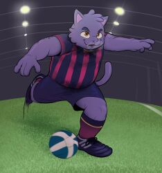  2024 4_fingers anthro ball biped bodily_fluids cat_costume cleats clothed clothing costume digital_drawing_(artwork) digital_media_(artwork) domestic_cat felid feline felis fingers fur hi_res kick long_tail male mammal mask mittens_(panapoliz) overweight overweight_male owy purple_body purple_fur soccer soccer_ball soccer_uniform solo sport sportswear sweat tail uniform yellow_eyes 