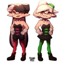  +_+ 2girls black_hair breasts callie_(splatoon) dress earrings fangs food food_on_head gloves grey_hair inkling jewelry long_hair marie_(splatoon) mole mole_under_eye multiple_girls object_on_head open_mouth pantyhose pointy_ears short_hair simple_background smile splatoon_(series) splatoon_1 tentacle_hair white_background wuju59 yellow_eyes 