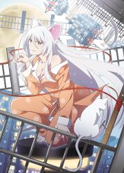  animal animal_ears animal_print bakemonogatari bakeneko barefoot black_hanekawa breasts cat_ears cat_girl cat_print cleavage closed_mouth feline female hanekawa_tsubasa large_breasts long_hair looking_at_viewer monogatari_(series) monogatari_series_puc_puc oerba_yun_fang official_art orange_pajamas pajamas paw_pose print_pajamas slit_pupils solo very_long_hair watanabe_akio white_cat white_hair yellow_eyes 