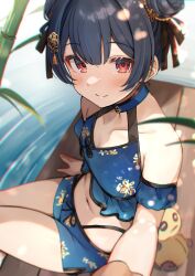  bamboo bikini black_hair black_ribbon blue_bikini blush check_commentary collarbone commentary_request day detached_sleeves double_bun female flat_chest floral_print hair_between_eyes hair_bun hair_ornament hair_ribbon highleg highleg_bikini highres idolmaster idolmaster_shiny_colors looking_at_viewer morino_rinze navel official_alternate_costume puffy_short_sleeves puffy_sleeves red_eyes ribbon shiitake_taishi short_sleeves sidelocks sitting smile stomach stuffed_toy swimsuit thighs water 