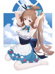  absurdres animal_ears arknights armpits arms_up bell blue_bow blue_bowtie blue_skirt bow bowtie braid brown_hair chinese_commentary closed_mouth commentary_request curled_horns dated eyjafjalla_(arknights) eyjafjalla_the_hvit_aska_(a_picnic_before_a_long_trip)_(arknights) eyjafjalla_the_hvit_aska_(arknights) fantasy_traveler female frills full_body hairbow happy_birthday highres horns jingle_bell long_hair looking_at_viewer neck_bell no_shoes official_alternate_costume pantyhose red_eyes shirt sitting skirt smile solo toes wariza white_horns white_pantyhose white_shirt 