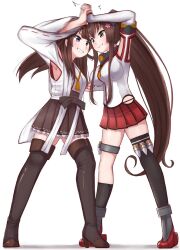  2girls ahoge black_legwear boots brown_eyes brown_hair brown_skirt catfight cherry_blossoms commentary_request detached_collar detached_sleeves double_bun eye_contact female_focus flower grey_eyes hair_flower hair_ornament headgear highres hip_vent japanese_clothes kantai_collection kongou_(kancolle) long_hair looking_at_another matching_hair/eyes motion_blur multiple_girls pleated_skirt ponytail red_skirt ribbon-trimmed_sleeves ribbon_trim simple_background single_thighhigh skirt standing thigh_boots thighhighs tiemu_(man190) white_background yamato_(kancolle) 