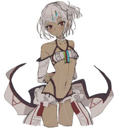  absurdres altera_(fate) arms_behind_back black_nails blush body_markings cropped_legs dark-skinned_female dark_skin fate/grand_order fate_(series) female flat_chest highres kaigan0211 navel red_eyes white_background white_hair 