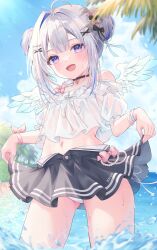  absurdres ahoge amane_kanata amane_kanata_(summer) angel angel_wings aoha bikini black_choker black_skirt blue_hair blue_sky breasts bush choker clothes_lift cloud cropped_shirt double_bun female grey_hair hair_bun hair_intakes hair_ornament highres hololive lifting_own_clothes looking_at_viewer navel official_alternate_costume open_mouth palm_leaf palm_tree pink_hair purple_eyes see-through_clothes see-through_shirt shirt skirt skirt_lift sky small_breasts smile solo swimsuit tree virtual_youtuber white_bikini white_shirt wings x_hair_ornament 