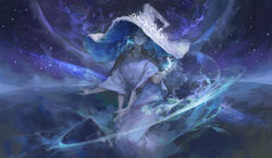  absurdres blue_hair blue_theme chinese_commentary closed_mouth commentary_request cracked_skin dress elden_ring extra_arms extra_faces female hat highres interlocked_fingers long_dress long_hair long_sleeves looking_at_viewer magic one_eye_closed ranni_the_witch sky solo star_(sky) starry_sky white_hat wide_sleeves witch_hat world_(1257843324) 