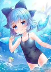  2girls :d black_one-piece_swimsuit blue_bow blue_eyes blue_hair blush bow cirno closed_eyes closed_mouth coa_(chroo_x) daiyousei fairy food green_hair hairbow heart holding holding_food ice ice_wings innertube lolicon long_hair multiple_girls one-piece_swimsuit open_mouth popsicle short_hair side_ponytail smile solo_focus swim_ring swimsuit tongue tongue_out touhou water wet wet_clothes wet_swimsuit wings 