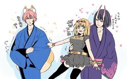  2boys animal_ear_fluff animal_ears belt black_hair black_thighhighs blonde_hair blue_eyes blue_kimono bracelet breasts collarbone commentary_request eyewear_on_head fate/extra fate/grand_order fate_(series) female fox_boy fox_ears fox_tail genderswap_(ftm) genderswap_(mtf) heart horns japanese_clothes jewelry kimono kurusu_piyo large_breasts looking_at_another looking_away medium_hair multiple_boys obi open_mouth pink_hair purple_eyes purple_kimono recursive_genderswap rule_63 sakata_kintoki_(fate) sash short_sleeves shuten_douji_(fate) star_(symbol) straight sunglasses sweat tail tamamo_(fate) tamamo_no_mae_(fate/extra) thighhighs translation_request yellow_eyes 