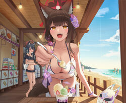  5girls :d animal_ear_fluff animal_ears beach bikini black_hair blue_archive blue_sky breasts brown_hair cat_ears cat_girl cloud day fangs flower food fox_ears fox_girl fox_tail fruit hair_flower hair_ornament halo heart highres holding holding_spoon ice_cream_scoop incoming_food izuna_(blue_archive) izuna_(swimsuit)_(blue_archive) large_breasts leaning_forward looking_at_viewer mask multiple_girls navel nonomi_(blue_archive) nonomi_(swimsuit)_(blue_archive) ocean official_alternate_costume open_mouth parfait pov red_eyes serika_(blue_archive) serika_(swimsuit)_(blue_archive) shiroko_(blue_archive) shiroko_(swimsuit)_(blue_archive) shop shugo_15 sign sky small_breasts smile spoon stomach strawberry swimsuit table tail teeth twintails unworn_mask wakamo_(blue_archive) wakamo_(swimsuit)_(blue_archive) yellow_eyes 