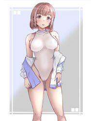  breasts brown_eyes competition_swimsuit contrapposto cowboy_shot female highres jacket large_breasts light_brown_hair looking_at_viewer mashinatsu one-piece_swimsuit original short_hair solo standing swimsuit turtleneck white_jacket white_one-piece_swimsuit 