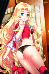  alfin_reise_arnor ass black_bra black_panties blonde_hair blue_bow blue_bowtie blue_eyes bow bowtie bra closed_mouth eiyuu_densetsu esther_shen female hair_intakes kneehighs long_hair looking_at_viewer panties red_socks sen_no_kiseki signature smile socks solo underwear very_long_hair 