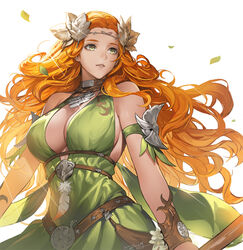  artist_name bare_shoulders belt bracelet breasts chest_strap circlet cleavage cleavage_cutout clothing_cutout cowboy_shot detached_sleeves dress falling_leaves feathers female final_fantasy final_fantasy_xiv floating_hair from_side glint green_dress green_eyes halter_dress halterneck highres jewelry large_breasts laurel_crown leaf light_rays long_hair looking_afar looking_ahead nophica orange_hair parted_lips sideboob signature simple_background sleeveless sleeveless_dress solo standing wavy_hair white_background zerg_(z79438659) 