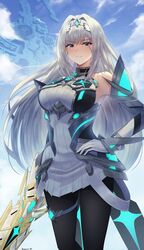  aegis_sword_(xenoblade) bare_shoulders blue_eyes breasts chest_jewel cosplay doiparuni dress earrings elbow_gloves ethel_(xenoblade) female gloves highres jewelry large_breasts long_hair mythra_(massive_melee)_(xenoblade) mythra_(xenoblade) mythra_(xenoblade)_(cosplay) pantyhose short_dress solo super_smash_bros. thigh_strap tiara very_long_hair xenoblade_chronicles_(series) xenoblade_chronicles_2 xenoblade_chronicles_3 