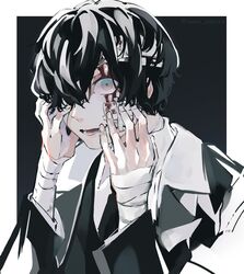  1boy bandaged_hand bandaged_head bandages bandaid bandaid_on_cheek bandaid_on_face black_hair bleeding blood blood_on_face blue_eyes commentary fingernails hair_over_one_eye hand_on_own_face highres lower_teeth_only male_focus nanora_(sero4) open_mouth original solo symbol-only_commentary teeth tongue upper_body 