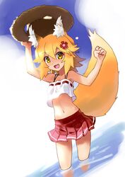  :3 animal_ears arm_up bikini bikini_top_only blonde_hair blue_sky brown_hat camisole cloud cloudy_sky commentary day female flower fox_ears fox_girl fox_tail hair_flower hair_ornament hat holding holding_clothes holding_hat katahira_masashi long_hair looking_at_viewer midriff miniskirt navel oerba_yun_fang open_mouth outdoors pleated_skirt red_skirt senko_(sewayaki_kitsune_no_senko-san) sewayaki_kitsune_no_senko-san shirt single_horizontal_stripe skirt sky smile solo standing straw_hat sunhyun swimsuit tail unworn_hat unworn_headwear wading water white_shirt yellow_eyes 