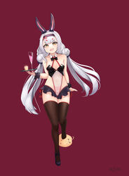  &gt;_&lt; absurdres animal_ears ayun azur_lane black_footwear breasts brown_thighhighs chair commentary covered_navel detached_collar extra_eyebrows female highres holding holding_tray long_hair looking_at_viewer manjuu_(azur_lane) microskirt oerba_yun_fang official_alternate_costume open_mouth playboy_bunny rabbit_ears red_background shimakaze_(azur_lane) shimakaze_(world&#039;s_speediest_bunny_waitress)_(azur_lane) shoes simple_background skin_fang skirt small_breasts solo thighhighs tray very_long_hair white_hair wrist_cuffs yellow_eyes 