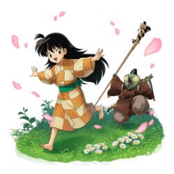  1boy barefoot brown_hair cherry_blossoms commentary_request crossover demon female flower grass happy inuyasha jaken japanese_clothes kimono long_hair official_art othellonia outstretched_arms rin_(inuyasha) running spread_arms staff third-party_source transparent_background very_long_hair 