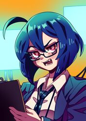  ahoge blue-framed_eyewear blue_hair blue_necktie borrowed_character clipboard collared_shirt eyebrows fangs female glasses hair_between_eyes highres holding holding_clipboard looking_at_viewer necktie office_lady open_mouth original pink_eyes powderrune rectangular_eyewear semi-rimless_eyewear shirt short_hair skye_(hcnone) solo teeth tongue under-rim_eyewear upper_body white_shirt 