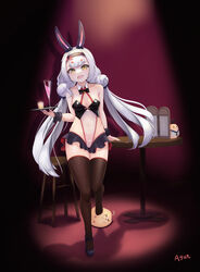  &gt;_&lt; absurdres animal_ears ayun azur_lane black_footwear breasts brown_thighhighs chair commentary covered_navel detached_collar extra_eyebrows female highres holding holding_tray long_hair looking_at_viewer manjuu_(azur_lane) microskirt oerba_yun_fang official_alternate_costume open_mouth playboy_bunny rabbit_ears round_table shimakaze_(azur_lane) shimakaze_(world&#039;s_speediest_bunny_waitress)_(azur_lane) shoes skin_fang skirt small_breasts solo table thighhighs tray very_long_hair white_hair wrist_cuffs yellow_eyes 