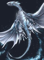  bioluminescence blue-eyes_alternative_white_dragon blue_eyes blue_theme claws dragon duel_monster flying glowing highres monochrome night night_sky no_humans ryou_(cagw5223) sharp_teeth sky tail teeth wings yu-gi-oh! 