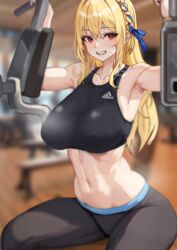  :d absurdres adidas armpits arms_up bare_arms bare_shoulders black_pants black_sports_bra blonde_hair blurry blurry_background braid breasts commentary covered_nipples crop_top depth_of_field exercise_machine exercising female gym hair_ribbon highres indoors large_breasts long_hair looking_at_viewer midriff navel open_mouth original pants red_eyes rehu ribbon sidelocks sitting sleeveless smile solo sports_bra stomach sweat symbol-only_commentary track_pants 