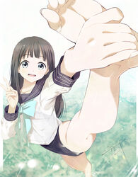  akebi-chan_no_serafuku akebi_komichi barefoot black_hair blue_eyes blue_leotard feet female flexible foreshortening highleg highleg_leotard highres jet_yowatari leg_hold leg_lift leg_up legs leotard leotard_under_clothes long_hair looking_at_viewer open_mouth roubai_academy_school_uniform_(old) school_uniform serafuku shirt smile soles solo split standing standing_on_one_leg standing_split thighs toes v water white_shirt 