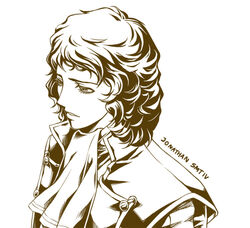  1boy cropped_arms cropped_torso curly_hair handkerchief jonathan_(megami_tensei) male_focus monochrome raykit scarf shin_megami_tensei shin_megami_tensei_iv simple_background white_background 