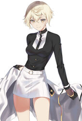  arm_guards belt black_gloves black_shirt blonde_hair breasts collared_shirt cowboy_shot dress_shirt female genderswap_(mtf) gloves hair_between_eyes higekiri_(touken_ranbu) highres holding holding_clothes holding_jacket jacket long_sleeves looking_at_viewer miniskirt o-ring oshage_(osyage921) rule_63 shirt short_hair simple_background skirt skirt_set smile solo touken_ranbu unworn_jacket white_background white_jacket white_skirt yellow_eyes 