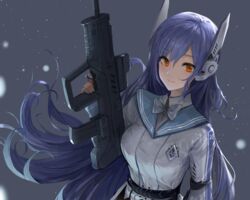  absurdres assault_rifle badge blue_hair blue_ribbon breasts bullpup chan1moon collared_jacket commission female girls&#039;_frontline grey_background gun hair_between_eyes hexagram highres iwi_tavor jacket leotard long_hair long_sleeves looking_at_viewer medium_breasts neck_ribbon pixiv_commission red_eyes ribbon rifle robot_ears smile solo star_of_david tar-21_(girls&#039;_frontline) upper_body very_long_hair weapon white_jacket white_leotard 