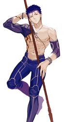  1boy abs arm_tattoo baragi blue_hair bracelet closed_mouth crescent crescent_necklace cu_chulainn_(fate) cu_chulainn_(fate/stay_night) cu_chulainn_(second_ascension)_(fate) earrings fate/grand_order fate_(series) fingernails highres holding holding_polearm holding_weapon jewelry male_focus navel necklace nipples pectorals polearm red_eyes short_hair shoulder_tattoo simple_background single_sleeve solo tattoo topless_male weapon white_background 