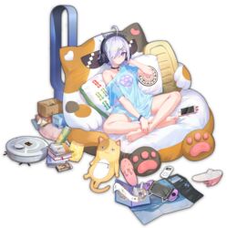  ahoge artist_request barefoot blue_shirt book box bracelet cellphone chips_(food) collar collarbone crossed_legs digital_media_player feet female food game_cg game_console hair_ornament hair_over_one_eye headphones heart highres ipod jewelry looking_at_viewer mahjong mahjong_soul mahjong_tile nintendo_switch official_art oversized_clothes oversized_shirt pentagram phone pillow pocky potato_chips pringles_can purple_eyes receipt robotic_vacuum_cleaner shirt simple_background sitting slippers smartphone solo stuffed_animal stuffed_toy suzumiya_anju tachi-e third-party_source transparent_background unworn_slippers white_hair zipper zipper_pull_tab 