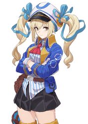  ascot belt belt_pouch black_skirt blonde_hair blue_jacket blue_ribbon blue_shirt breasts brown_belt cabbie_hat closed_mouth collared_shirt cowboy_shot crossed_arms female gloves hair_ribbon hat highres jacket long_hair looking_at_viewer megido72 michitaro_smile miniskirt open_clothes open_jacket pleated_skirt pouch red_ascot ribbon shirt simple_background skirt small_breasts smile solo striped_clothes striped_shirt thighs twintails two-tone_shirt vepar_(megido72) vertical-striped_clothes vertical-striped_shirt white_background white_gloves white_hat white_shirt wing_collar yellow_eyes 