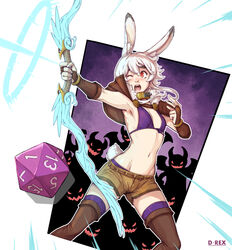  ;o animal_ears bow_(weapon) bra bracelet breasts brown_capelet brown_footwear brown_gloves brown_shorts bunny_(d-rex) capelet collar d-rex dice feet_out_of_frame female fingerless_gloves gloves glowing glowing_eyes glowing_mouth highres holding holding_bow_(weapon) holding_weapon horns jewelry metal_collar monster navel one_eye_closed orange_eyes original outline panties purple_bra purple_panties purple_thighhighs rabbit_ears rabbit_girl rabbit_tail red_eyes short_hair shorts small_breasts solo_focus tail thighhighs underwear weapon white_outline wings 