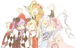  5girls abara_heiki ahoge amane_kanata amane_kanata_(new_year) arm_up asymmetrical_hair black_kimono blonde_hair blue_hair blue_kimono blush bow braid checkered_clothes checkered_kimono clenched_hand closed_eyes colored_inner_hair commentary cowboy_shot diagonal-striped_bow diagonal_stripes dragon_horns flower fur_scarf gradient_hair green_eyes hair_flower hair_ornament hairband hairclip himemori_luna himemori_luna_(new_year) holoforce hololive horn_bow horn_ornament horns japanese_clothes kimono kiryu_coco kiryu_coco_(new_year) long_hair multicolored_clothes multicolored_hair multicolored_kimono multiple_girls obi oerba_yun_fang official_alternate_costume open_mouth orange_hair pink_hair pink_kimono pointy_ears purple_hair red_kimono sash sheep_horns short_hair simple_background single_braid smile streaked_hair striped tokoyami_towa tokoyami_towa_(new_year) traditional_media tsunomaki_watame tsunomaki_watame_(new_year) two-tone_hair virtual_youtuber white_background white_hair white_kimono wide_sleeves x_hair_ornament 