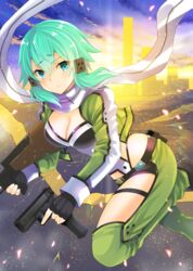  blue_eyes blue_hair breasts cleavage commentary_request female fingerless_gloves frown gloves green_jacket gun hair_between_eyes hair_ornament hairclip highres jacket knee_up large_breasts looking_at_viewer multicolored_clothes multicolored_jacket rifle scarf short_hair short_shorts shorts sinon solo sword_art_online two-tone_jacket uonuma_yuu weapon white_jacket white_scarf 