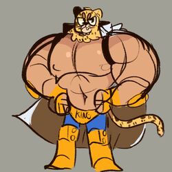  1:1 2020 animal_head anthro big_eyes boots bottomwear cape clothing elbow_pads english_text felid footwear for_a_head grey_background hands_on_hips hi_res humanoid jaguar king_(tekken) knee_pads looking_at_viewer male mammal muscular muscular_anthro muscular_male navel nipples pale_skin pantherine scraffyraccoon simple_background solo sportswear standing tekken tekken_7 text text_on_bottomwear text_on_clothing 