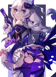  absurdres ai_xiao_meng artist_name ass black_panties blue_eyes blush braid card commentary_request dated dress female fishnets flower frilled_sleeves frills from_behind gun hair_between_eyes highres holding holding_gun holding_weapon honkai_(series) honkai_impact_3rd kallen_kaslana kallen_kaslana_(sixth_serenade) looking_at_viewer looking_back mask mask_on_head panties pantyhose purple_dress purple_flower purple_pantyhose purple_rose rose single_braid smile solo torn_clothes torn_dress torn_panties torn_pantyhose underwear weapon 