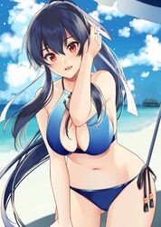  bare_arms bare_legs bare_shoulders beach bikini black_hair blue_bikini blush breasts brown_eyes cleavage cowboy_shot day female hair_between_eyes ichinomiya_(blantte) kantai_collection large_breasts long_hair looking_at_viewer navel ocean open_mouth outdoors parasol ponytail smile solo swimsuit umbrella very_long_hair yahagi_(kancolle) 