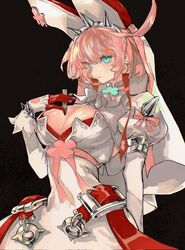  ahoge animal_ears belt black_background blue_eyes breasts bridal_veil bullet cleavage clover dress elphelt_valentine fake_animal_ears female found_modori four-leaf_clover gloves grey_background guilty_gear guilty_gear_xrd hand_on_own_chest highres holding huge_ahoge large_breasts looking_at_viewer looking_to_the_side object_on_breast pink_hair rabbit_ears short_hair simple_background solo spikes veil wedding_dress white_dress white_gloves 