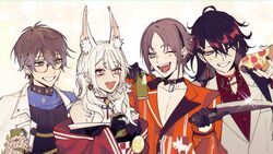  3boys animal_ears belt black_collar black_gloves black_hair black_kimono black_ribbon blonde_hair blue_eyes brown_belt brown_hair can charm_(object) checkered_sash choker closed_eyes coat collar collar_chain_(jewelry) collarbone collared_shirt earrings extra_ears eyeliner eyeshadow facial_mark fangs female fishnet_gloves fishnets food forehead_mark formal fox_ears fox_girl gloves green_eyes grey_hair hair_behind_ear hair_between_eyes hair_ornament hairclip halterneck heart highres ike_eveland ike_eveland_(1st_costume) jacket jacket_on_shoulders japanese_clothes jewelry kimono knife lantern_earrings long_hair looking_at_viewer makeup mature_female medium_hair mole mole_under_eye multicolored_hair multiple_boys mysta_rias mysta_rias_(1st_costume) neck_ribbon nijisanji nijisanji_en nina_kosaka nina_kosaka_(1st_costume) off_shoulder open_mouth orange_shirt pants pizza pizza_slice red_eyeliner red_eyes red_eyeshadow red_hair red_ribbon red_shirt ribbon satosi_peter shirt short_eyebrows single_earring smile streaked_hair suit sweat virtual_youtuber vox_akuma vox_akuma_(1st_costume) white_background white_coat white_jacket white_suit yellow_eyes 