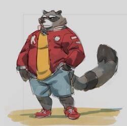  2021 anthro biped bottomwear brown_body brown_fur canid canine clothing cyanroll fur kuon_(cyanroll) male mammal overweight overweight_anthro overweight_male raccoon_dog shirt shorts solo tanuki topwear 